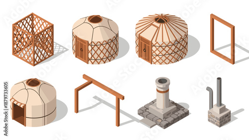 Traditional yurt isometric collection: construction elements and designs