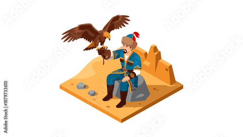 Isometric scene of falconer in traditional attire with bird of prey in desert setting