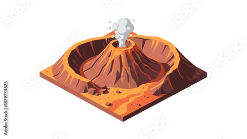Isometric volcano with erupting smoke in geometric landscape design
