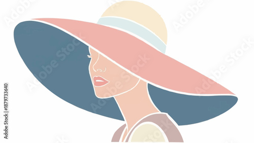 Woman wearing a large pink and blue hat with a white background high quality professional detailed modern