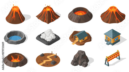 Isometric volcano set with erupting and dormant stages plus accessories