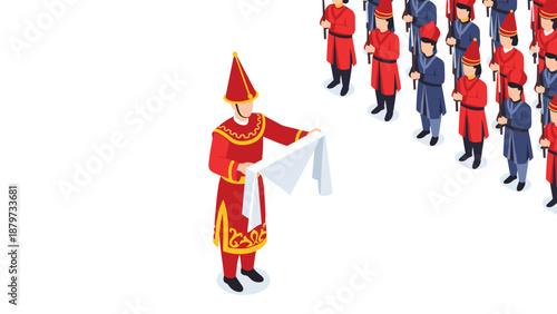 Isometric medieval parade: historical reenactment with costumed figures