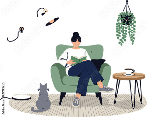 Modern flat vector illustration of man reading book on sofa at home with cat, cozy living room interior and houseplants