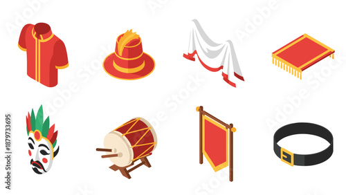 Traditional chinese cultural icons in isometric style for festive celebrations