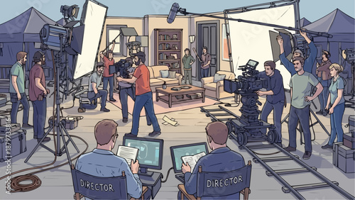 film set with crew and equipment in a house scene production environment high quality professional detailed modern