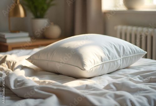 Bedroom pillow placed on a bed, emphasizing sleep aid and interior styling, under natural light, with fabric textures and household setting.