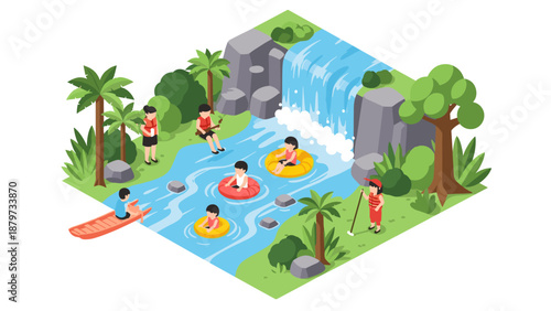 Isometric summer adventure: families enjoy riveting river tubing amidst lush landscape