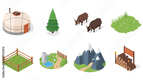 Isometric mongolian landscape with yurt, yaks, and mountain scene