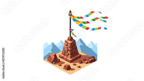 Isometric mountain summit with tibetan prayer flags in a rustic landscape