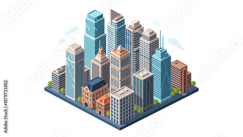 Modern cityscape with isometric skyscrapers and urban architecture