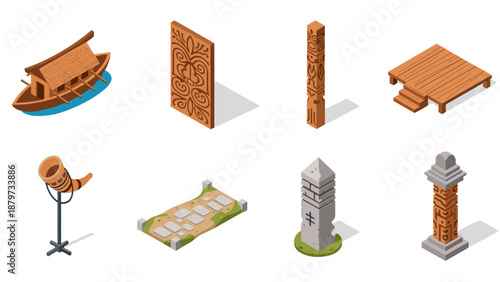 Isometric ancient cultural artifacts on white background