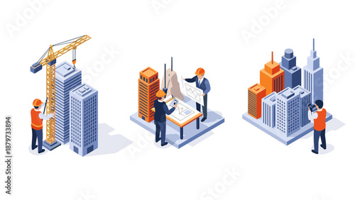 Isometric construction scene with engineers and architects at a building site