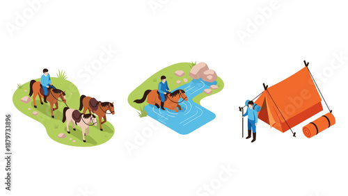 Isometric camping adventure with horse riding and tent setup