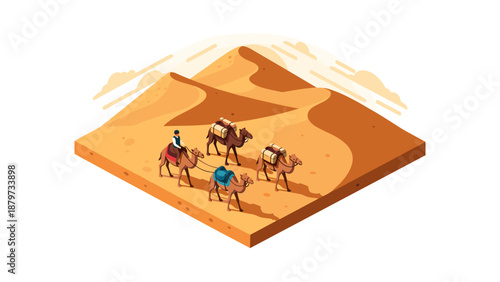 Isometric desert caravan with camels trekking through sandy dunes