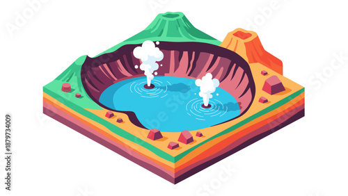 Colorful isometric geothermal scenery featuring volcanoes and steamy hot springs