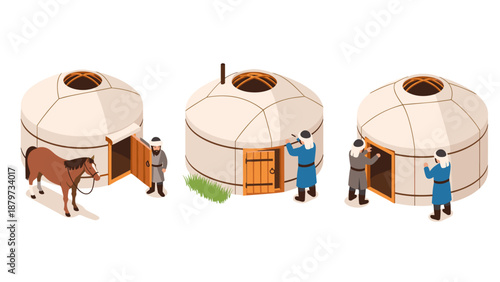 Traditional yurts and nomadic life isometric design with people and horse