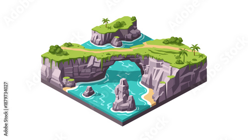 Isometric tropical coastal scene with cliffs and palm trees