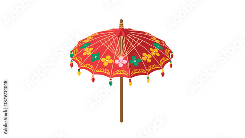Colorful decorative parasol with floral motifs on white background