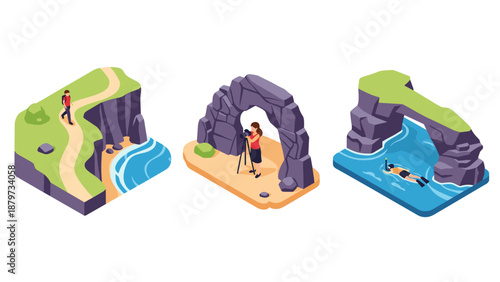 Exploring coastal adventure scenes: hiking, photography, and snorkeling