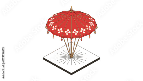 Elegant traditional red parasol with ornate details in isometric style