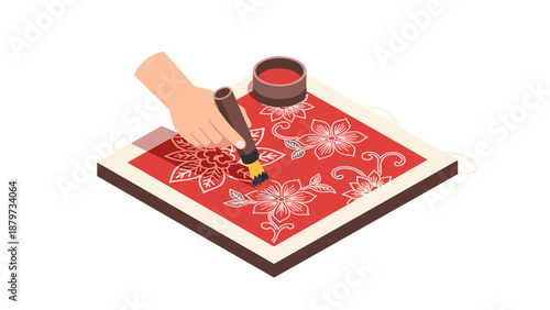 Traditional batik making process with hand-drawn floral patterns on fabric