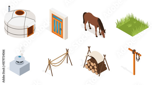 Isometric nomadic life elements: yurt, horse, rope fence, firewood, field, stove, rural door, hitching post