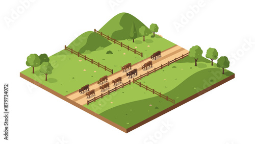 Isometric farm scene with cows and pasture on a sunny day