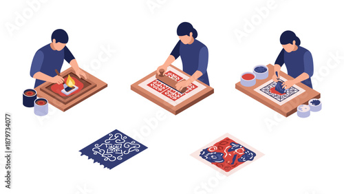 Isometric batik crafting process with artisans creating traditional textile patterns