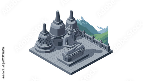 Isometric borobudur temple with buddha statue in mountain landscape