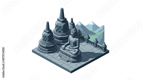 Isometric borobudur temple scene with mountains and buddha statue