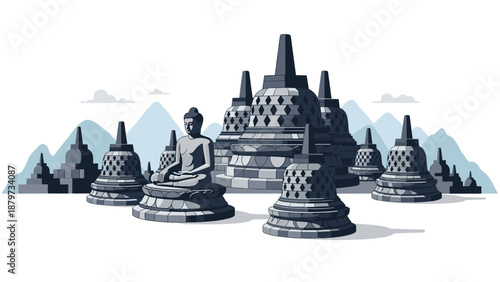 Borobudur temple silhouette in flat design with mountain background