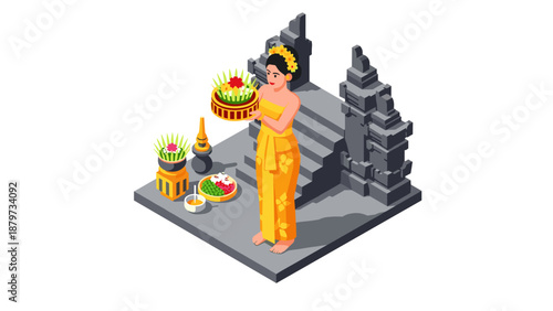Isometric scene of traditional balinese culture with woman offering at stone temple