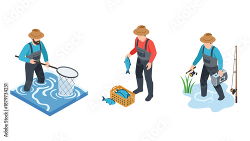 Isometric fishermen: catching fish with net, basket, and rod