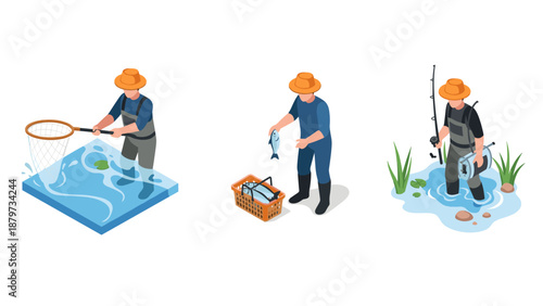 Isometric fishing activity set: fishermen catching fish in ponds and lakes