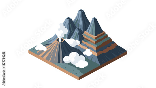 Isometric volcanic mountain landscape with clouds and smoke emission