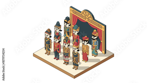 Isometric theater stage with traditional costumed actors in play scene
