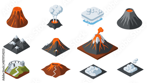 Isometric volcanic models and eruptions with lava and smoke in 3d style