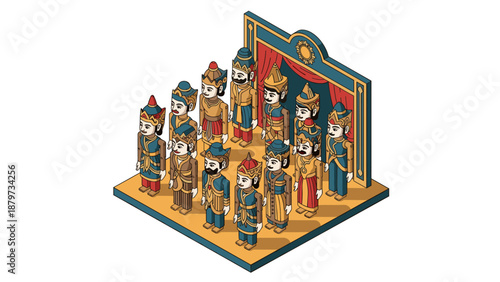 Isometric traditional puppets on stage: cultural heritage display