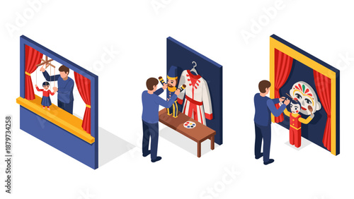 Isometric puppet master workshop with colorful costumes and creative stage design