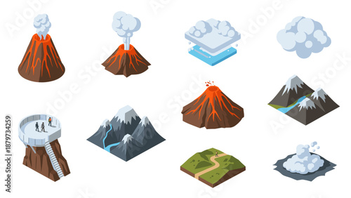 Isometric volcanoes and mountains with clouds and landscape elements