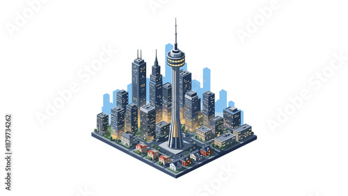 Modern isometric cityscape with tower and skyscrapers at night
