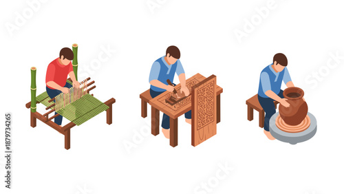 Isometric craftsmanship series: weaving, wood carving, and pottery artisans at work