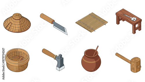 Isometric traditional cooking tools and utensils collection