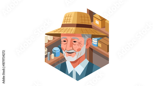 Elderly man in straw hat with shelves in background isometric style