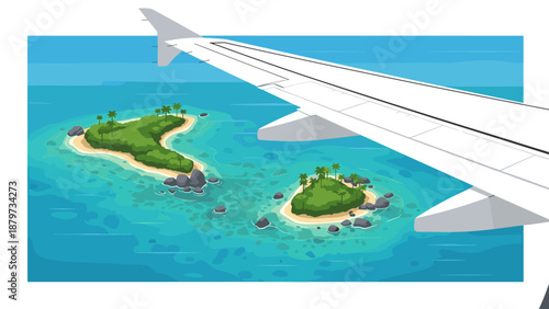 Scenic view from airplane window over tropical islands