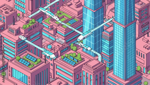 A futuristic cityscape with elevated trains sleek buildings and green spaces creates a vibrant and innovative urban environment
