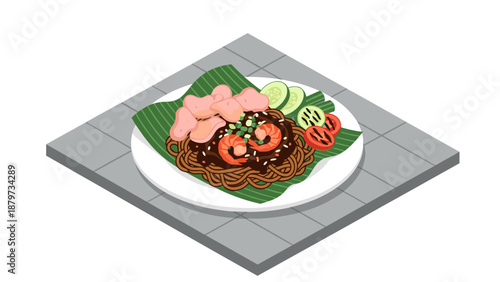 Traditional indonesian noodles with shrimp and crackers on plate with banana leaf