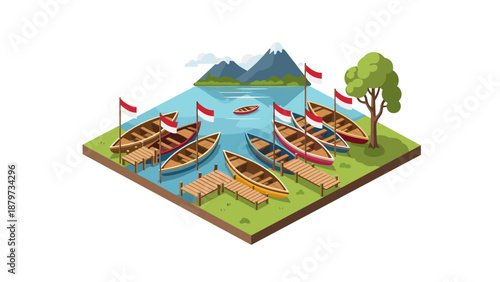 Serene lake scene with rowboats, flags, and distant mountains in isometric style