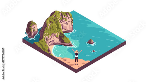 Tropical island adventure isometric design with traveler at cliffside beach