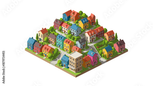 Colorful isometric neighborhood with charming houses and greenery